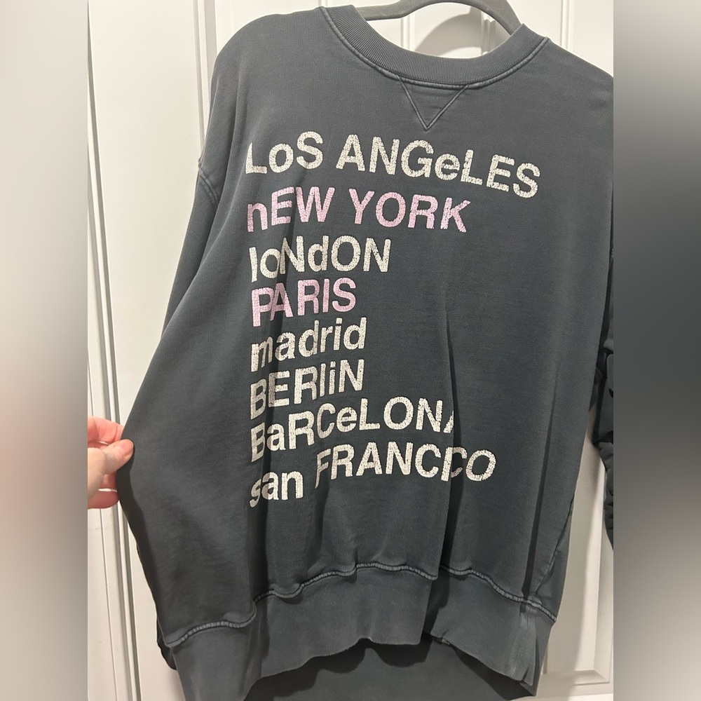Anine Bing Black Crewneck Sweatshirt with White and Pink City Print